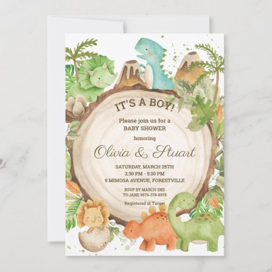 Invitation Chic Dinosaur Boy Baby shower Verdure Chevron (Devant)