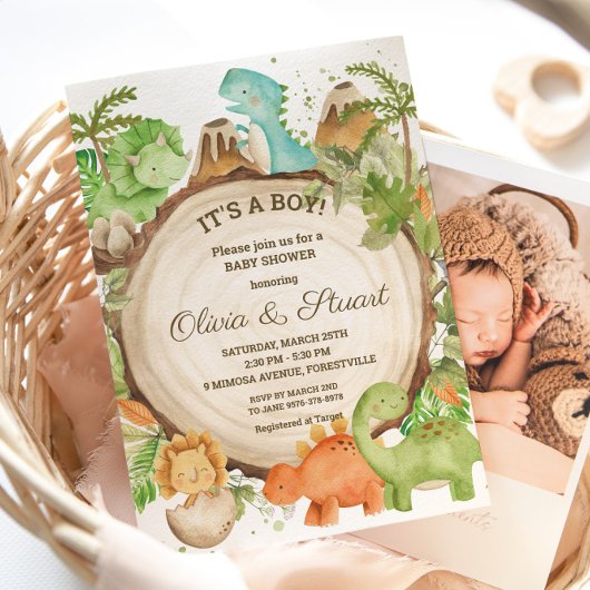 Invitation Chic Dinosaur Boy Baby shower Verdure Chevron