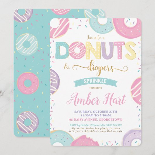 Invitation Chic Donuts et Diapers Baby shower Gold Girls In (Devant / Derrière)