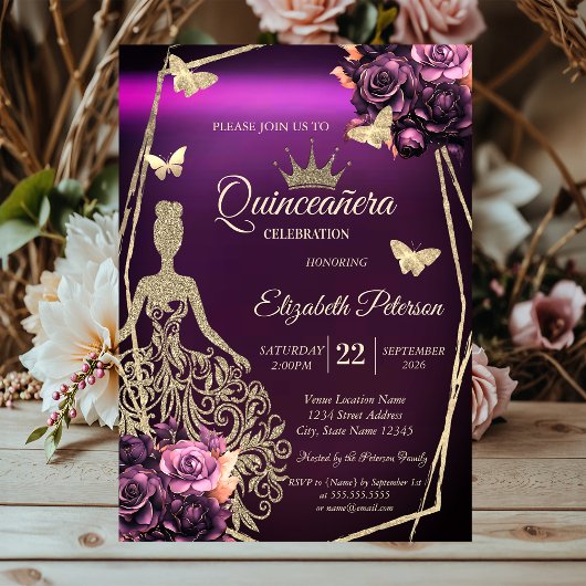 Invitation Chic Dress,Butterfly Violet Roses Quinceañera