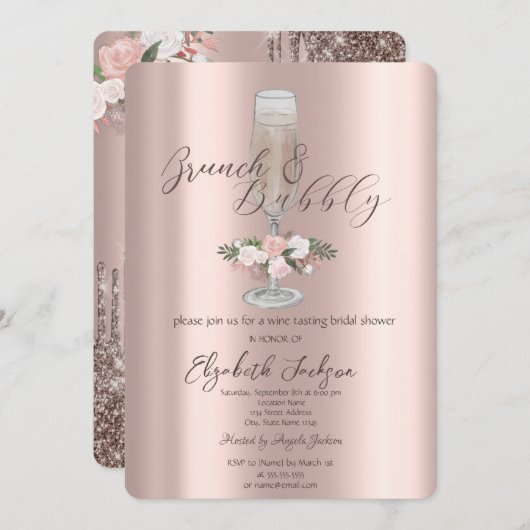 Invitation Chic Drives, Verre, Brunch Rose & Bubbly (Devant / Derrière)