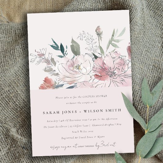 Invitation Chic Dusky Blush Aquarelle Floral Couples Douche