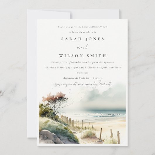 Invitation Chic Dusky Coastal Sand Beach Fiançailles marin (Devant)