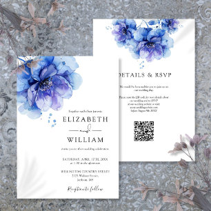 Invitation Chic Dusty Blue Aquarelle Floral QR Code Mariage