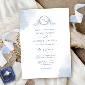 Invitation Chic Dusty Blue Aquarelle Stains Monogram Mariage