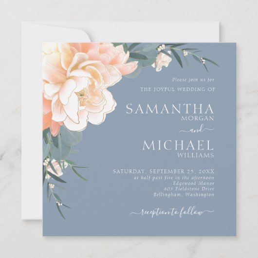 Invitation Chic Dusty Blue Blush Peach Gold FlorMariage (Devant)