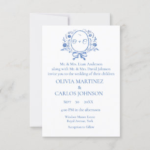 Invitation Chic Dusty Blue Crest Monogramme élégant mariage