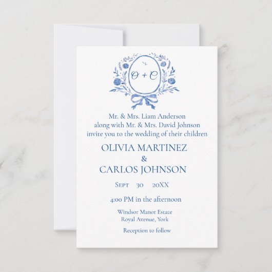 Invitation Chic Dusty Blue Crest Monogramme élégant mariage (Devant)