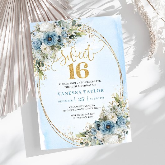 Invitation Chic Dusty Blue Floral Eucalyptus Sweet 16 Invite