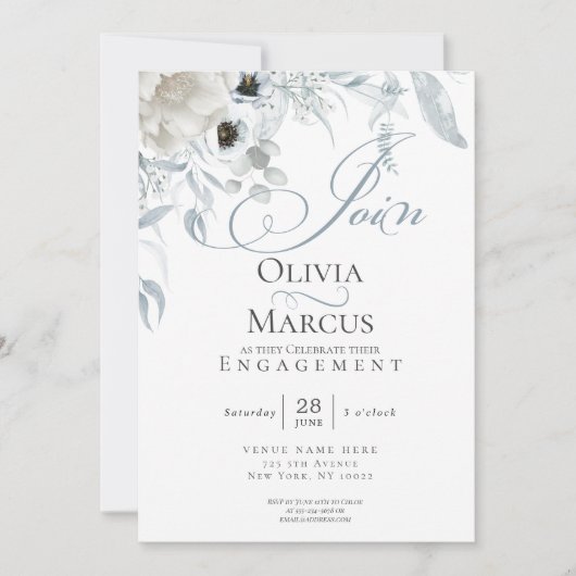 Invitation Chic Dusty Blue Floral Fiançailles (Devant)