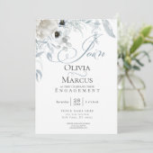 Invitation Chic Dusty Blue Floral Fiançailles (Debout devant)