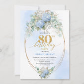 Invitation Chic Dusty Blue Floral Gold 80th Birthday Invite (Devant)