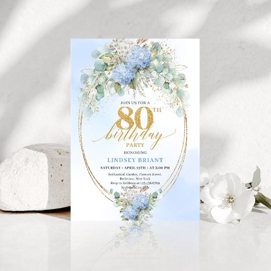 Invitation Chic Dusty Blue Floral Gold 80th Birthday Invite
