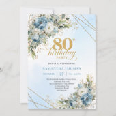Invitation Chic Dusty Blue Floral Gold 80th Birthday Invites (Devant)