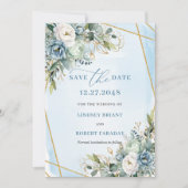Invitation Chic Dusty Blue Floral Gold Enregistrer La Date (Devant)