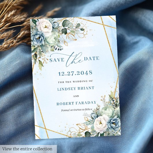 Invitation Chic Dusty Blue Floral Gold Enregistrer La Date