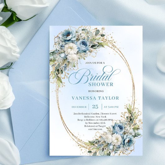 Invitation Chic Dusty Blue Flowers Gold Bridal Shower Invite