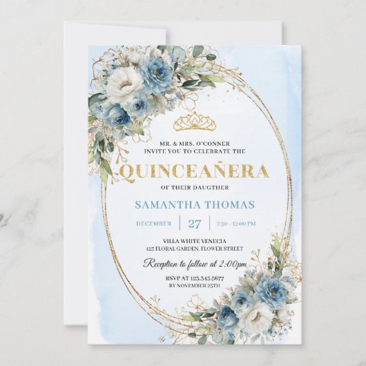 Invitation Chic Dusty Blue Gold Greenery 15th Birthday Invite (Devant)