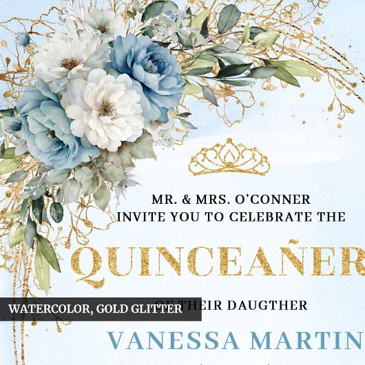 Invitation Chic Dusty Blue Gold Greenery 15th Birthday Invite