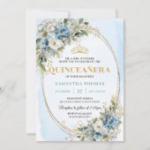 Invitation Chic Dusty Blue Gold Greenery Quinceañera Invite (Devant)