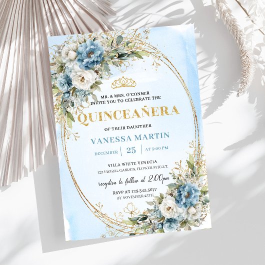 Invitation Chic Dusty Blue Gold Greenery Quinceañera Invite