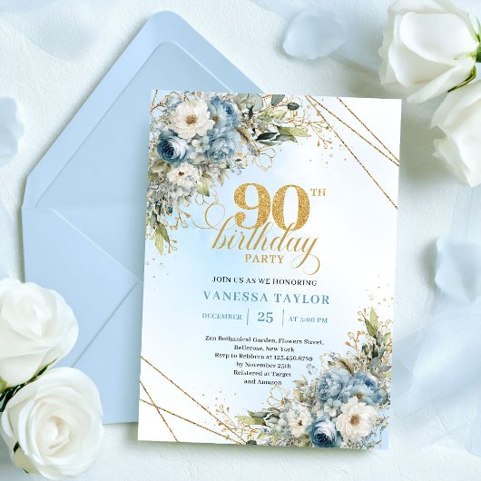 Invitation Chic Dusty Blue Gold Script 90th Birthday Invite