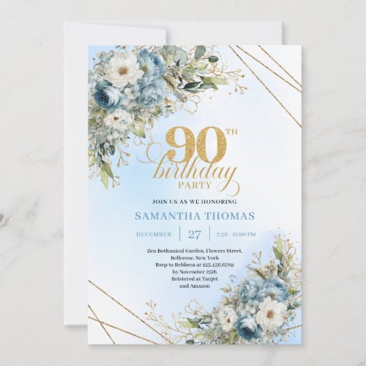 Invitation Chic Dusty Blue Gold Script 90th Birthday Invite (Devant)