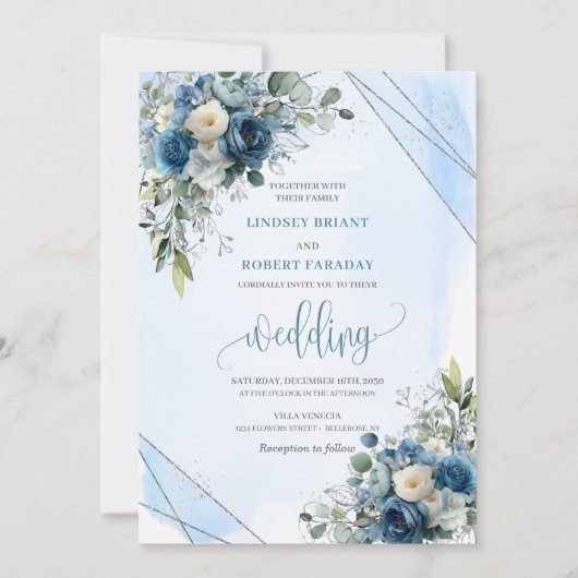 Invitation Chic Dusty Blue Roses Blanc Mariage Argent Invite (Devant)