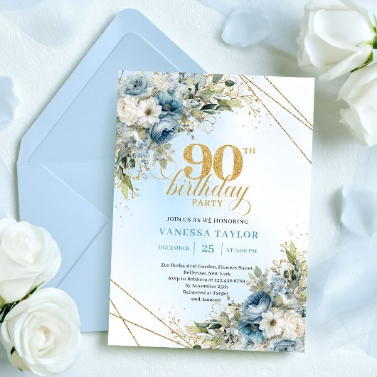 Invitation Chic Dusty Blue White Flowers 90th Birthday Invite