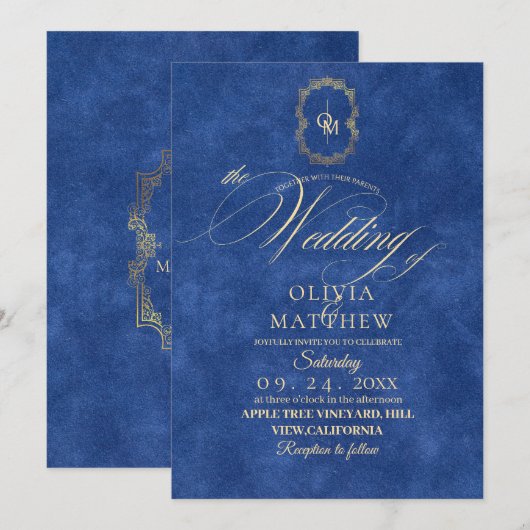 Invitation Chic Dusty Mariage bleu (Devant / Derrière)