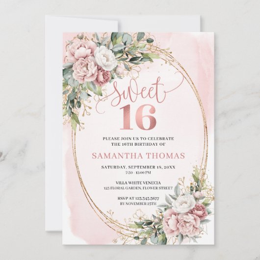 Invitation Chic Dusty Pink Flowers Eucalyptus 16th Birthday  (Devant)