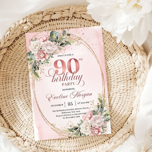 Invitation Chic Dusty Pink Gold Eucalyptus 90th Birthday 
