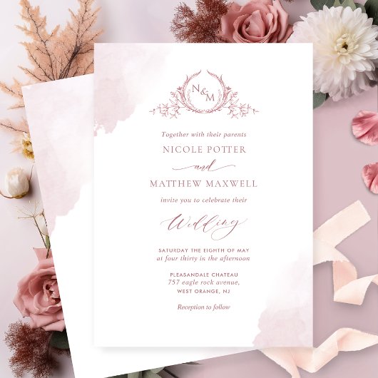 Invitation Chic Dusty Rose Aquarelle Taches Monogram Mariage