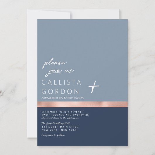 Invitation Chic Dusty Rose bleu or couleur bloc Mariage (Devant)