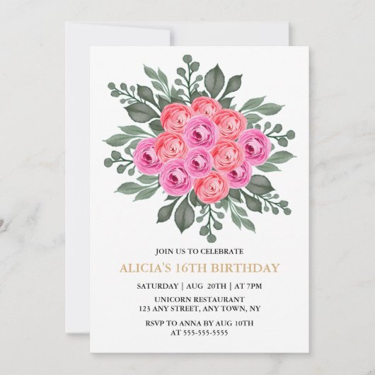 Invitation Chic Dusty Rose Flora Rose Gold 16e anniversaire (Devant)