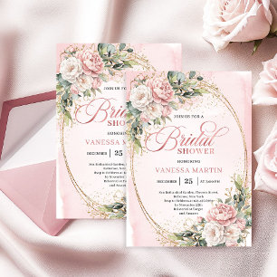 Invitation Chic Dusty Rose Floral Or Glitter Doré Mariage
