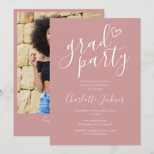 Invitation Chic Dusty Rose Grad Party Photo Graduation Party (Devant / Derrière)