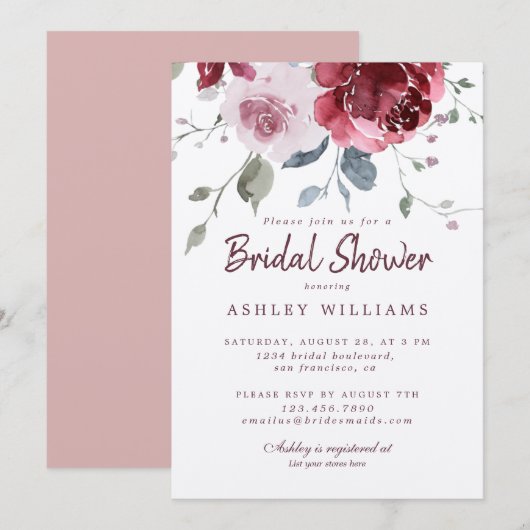 Invitation Chic Dusty Rose Rose Fête des mariées Bourgogne (Devant / Derrière)