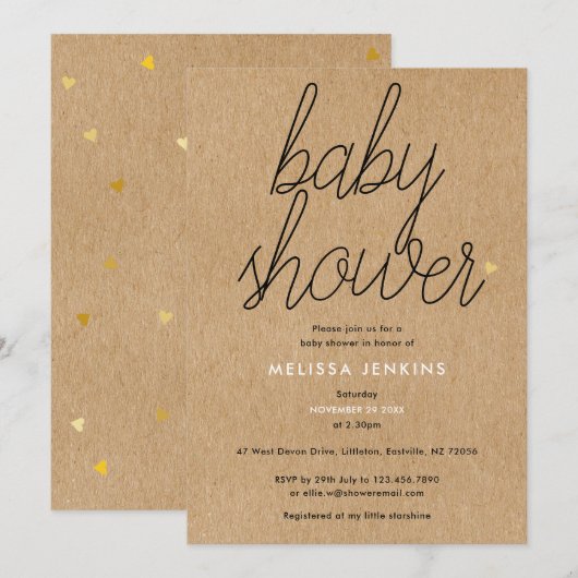 Invitation Chic écriture Baby Shower Cœurs Dorés Kraft Rustiq (Devant / Derrière)