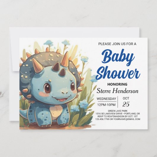 Invitation Chic Editable Cute Dinosaur Boy Baby shower (Devant)