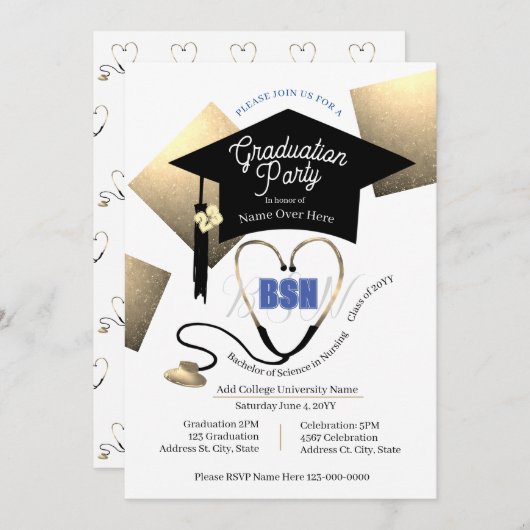 Invitation Chic Editable Nurse Graduation Party (Devant / Derrière)