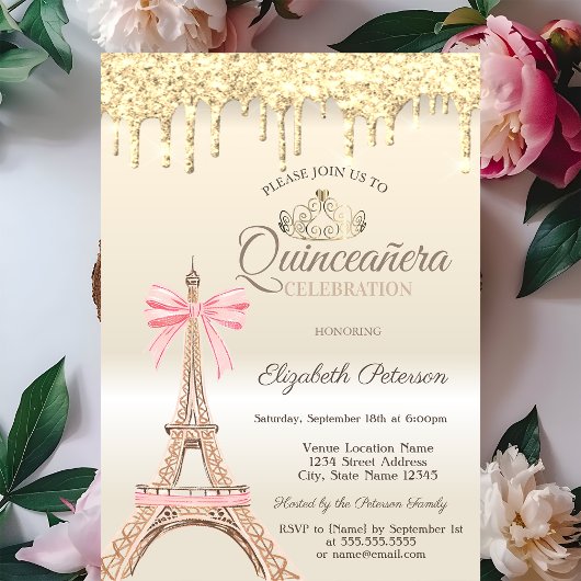 Invitation Chic Eiffel Tower Bow Drips Gold Quinceañera
