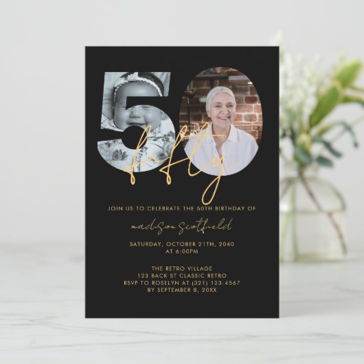 Invitation Chic Elegant Black Gold Photo Script 50e anniversa (Debout devant)