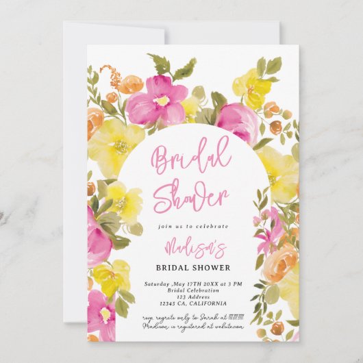 Invitation Chic élégant boho rose jaune fleuri douche nuptial (Devant)