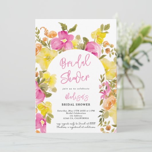 Invitation Chic élégant boho rose jaune fleuri douche nuptial (Debout devant)