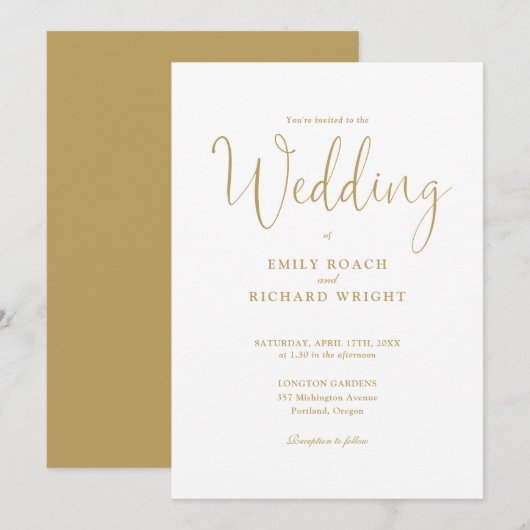 Invitation Chic Elegant Calligraphie Gold Script Mariage (Devant / Derrière)