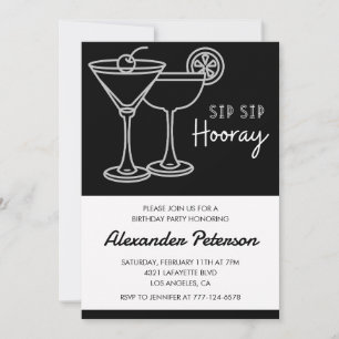 Invitation Chic Élégant Cocktail Noir Blanc 91e anniversaire