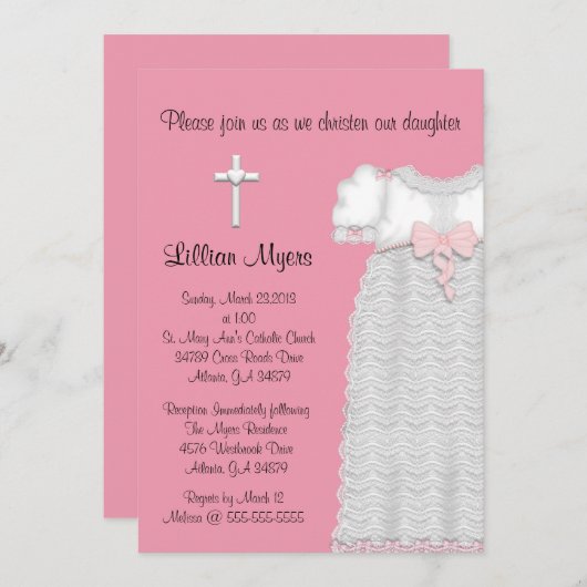 Invitation Chic Elegant Cross & Dress Baptising/Christening (Devant / Derrière)