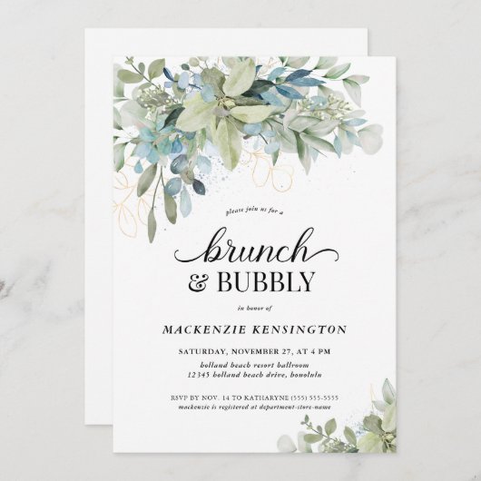 Invitation Chic Élégant Eucalyptus Verdure Brunch Bubbly (Devant / Derrière)