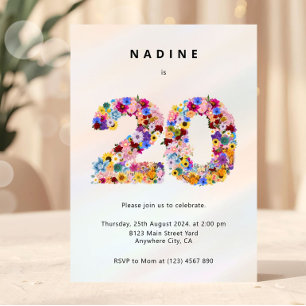 Invitation Chic Élégant Féminin Floral 20e Anniversaire